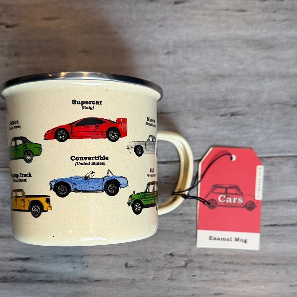 NWT Cars Enamel Mug with Colorful Car Designs